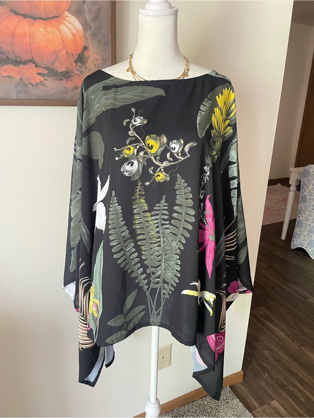 Chico’s Tropical Botanical Floral Fern Print Poncho Top Large/XL